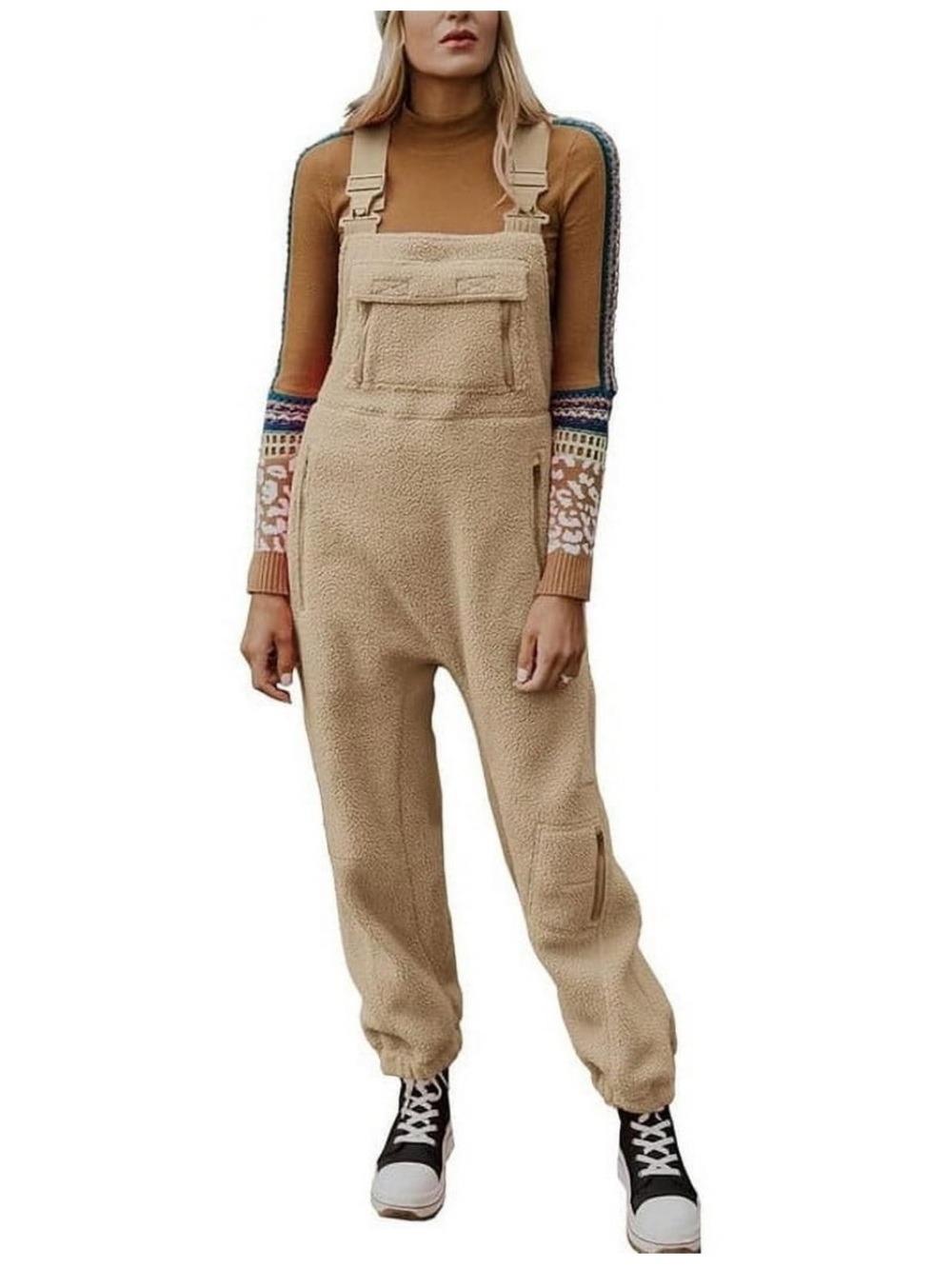 Womens Winter Fuzzy Fleece Overall Jumpsuits Casual Loose Fit Bib Overalls - Picture 1 of 6